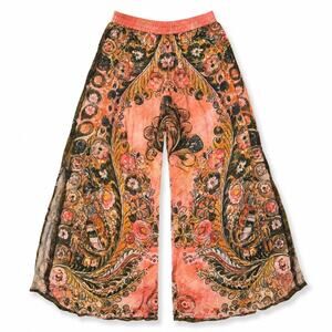 Natural Life Boho Floral Wide Leg Pants Small Coral Palazzo Elastic Waist